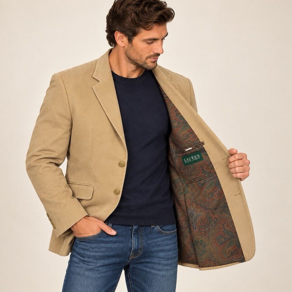 Lauren Ralph Lauren Mens 40S Tan Faux Suede Blazer Paisley Lined Sport Coat